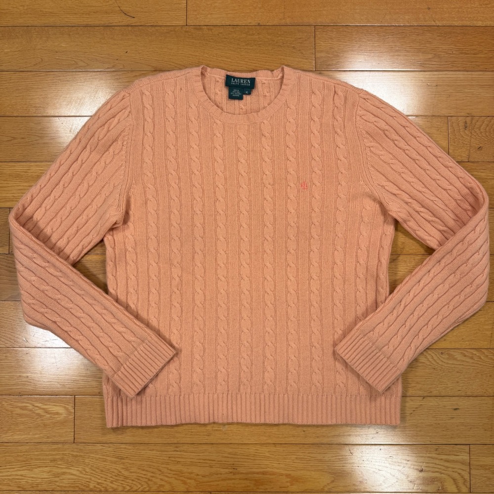 Lauren Ralph Lauren Peach 100% Cashmere Cable Knit Sweater XL Crewneck RL Logo